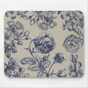 Vintage Blue Toile Botanical Floral Antique Patter Mouse Mat