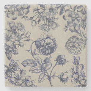 Vintage Blue Toile Botanical Floral Antique Patter Stone Coaster
