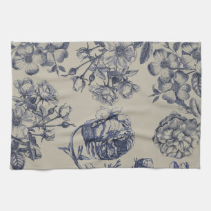 Vintage Blue Toile Botanical Floral Antique Patter Tea Towel