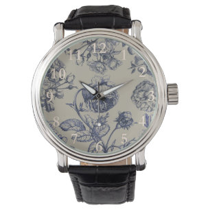Vintage Blue Toile Botanical Floral Antique Patter Watch