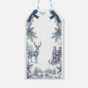 Vintage Blue Toile Burgundy Bow Christmas Gift Tag