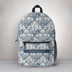 Vintage Blue Toile de Jouy Floral Monogram Damask Printed Backpack