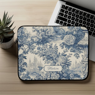 Vintage Blue Toile de Jouy Floral Monogram Laptop Sleeve