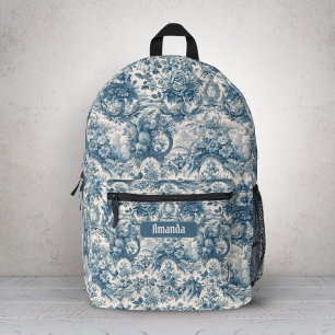 Vintage Blue Toile de Jouy Floral Monogram Printed Backpack