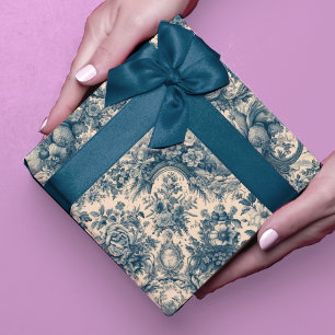 Vintage Blue Toile de Jouy Floral Pattern Wrapping Paper