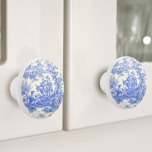 Vintage Blue Toile de Jouy French Country Motif Ceramic Knob
