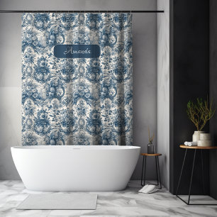 Vintage Blue Toile De Jouy Monogram Gift Shower Curtain