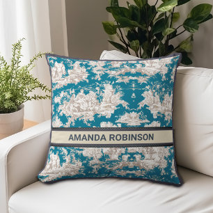 Vintage Blue Toile de Jouy Monogram Pattern Cushion