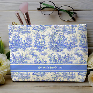 Vintage blue toile de jouy printed accessory pouch