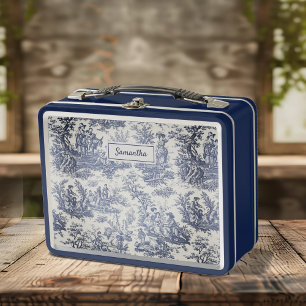 Vintage blue toile de jouy printed metal lunch box