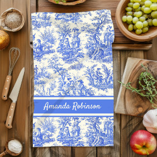 Vintage blue toile de jouy printed tea towel