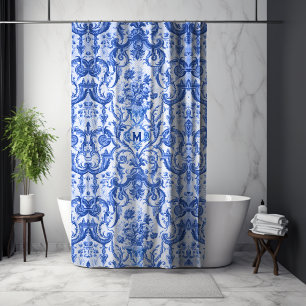 Vintage Blue Toile de Jouy Scenic Monogram Shower Curtain