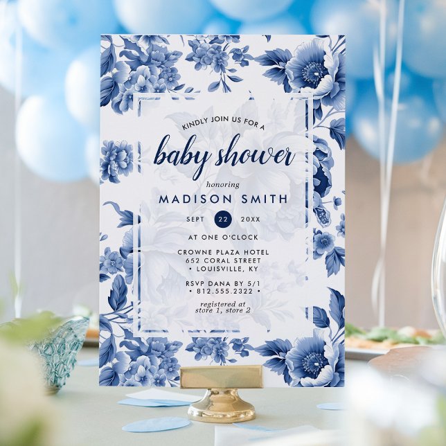 Vintage Blue Toile Floral Baby Shower Invitation (Creator Uploaded)