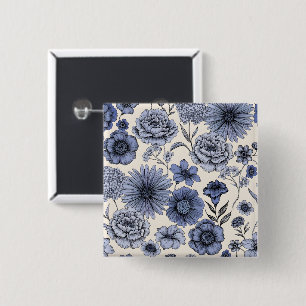 Vintage Blue Toile Floral Botanical Pattern 15 Cm Square Badge
