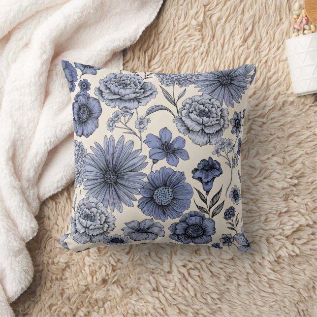 Vintage Blue Toile Floral Botanical Pattern Cushion (Blanket)