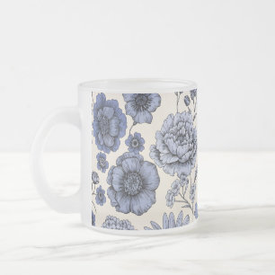 Vintage Blue Toile Floral Botanical Pattern Frosted Glass Coffee Mug