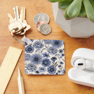 Vintage Blue Toile Floral Botanical Pattern Key Ring