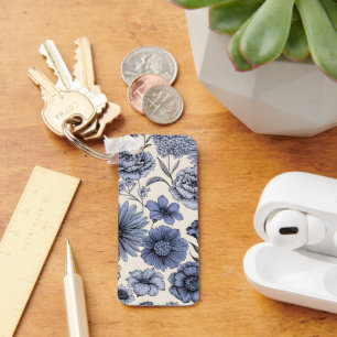 Vintage Blue Toile Floral Botanical Pattern Key Ring