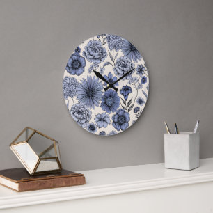 Vintage Blue Toile Floral Botanical Pattern Large Clock