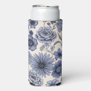 Vintage Blue Toile Floral Botanical Pattern Seltzer Can Cooler