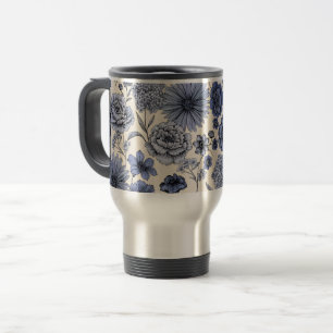 Vintage Blue Toile Floral Botanical Pattern Travel Mug