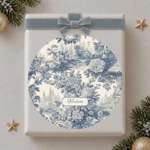Vintage Blue Toile Floral Chic Monogram Classic Round Sticker