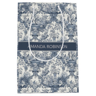 Vintage Blue Toile Floral Damask Monogram Medium Gift Bag