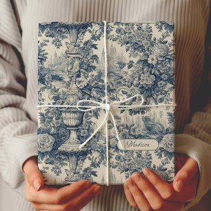 Vintage Blue Toile Floral Monogram Chic Wrapping Paper Sheet