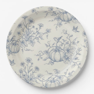 Vintage Blue Toile Pumpkin French Country Autumn Paper Plate