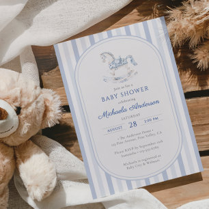Vintage Blue Toile Rocking Horse Boy Baby Shower Invitation