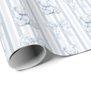 Vintage Blue Toile & Stripes Boy Baby Shower Wrapping Paper