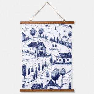 Vintage Blue Toile - Trees Pastoral Architecture Hanging Tapestry