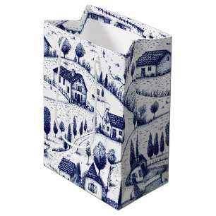 Vintage Blue Toile - Trees Pastoral Architecture Medium Gift Bag