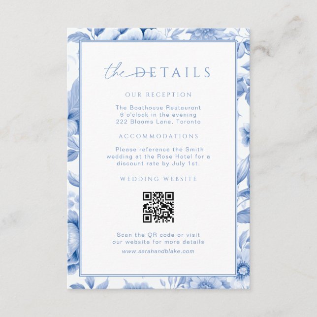 Vintage Blue Toile Wedding Details Insert QR Code (Front)
