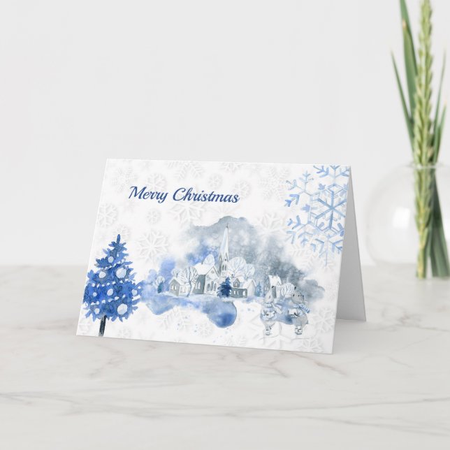 Vintage Blue Town Mice Collage Christmas Holiday Card (Front)