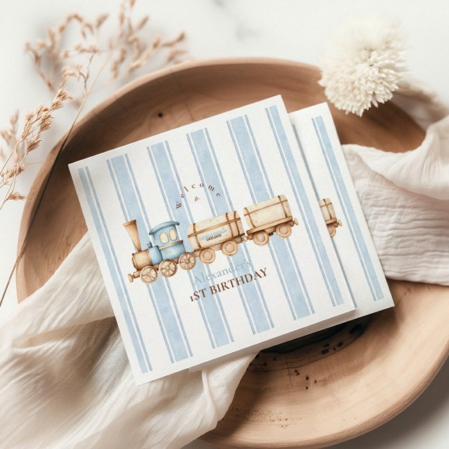 Vintage Blue Train 1st Birthday  Napkin (Creator Uploaded)