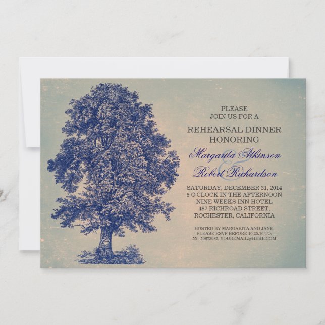 vintage blue tree rustic rehearsal dinner invites (Front)