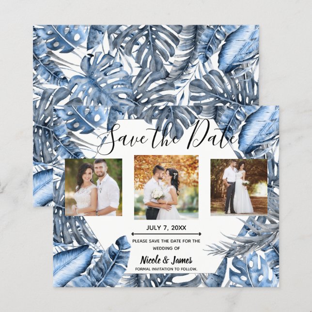 Vintage Blue Tropical Palms Wedding Save the Date (Front/Back)