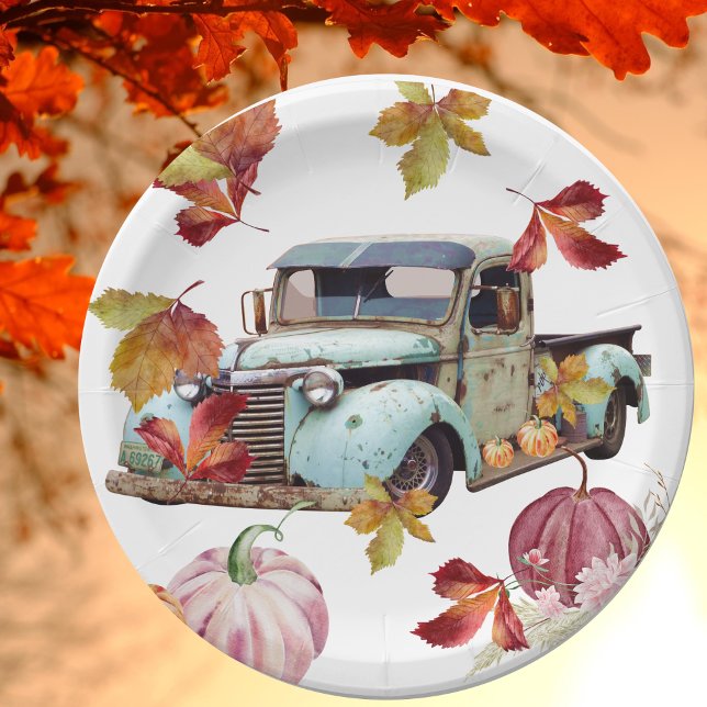 Vintage Blue Truck Autumn Leaves Pumpkins Paper Plate (Creator Uploaded)