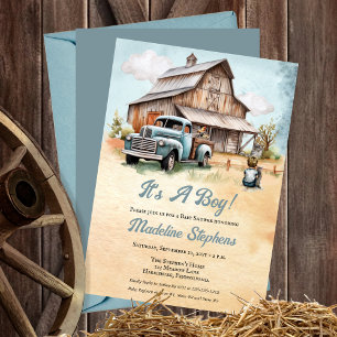 Vintage Blue Truck   Barn Boy Farming Baby Shower Invitation