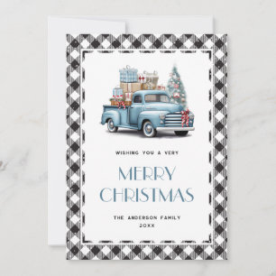 Vintage Blue Truck Black White Plaid Christmas Holiday Card