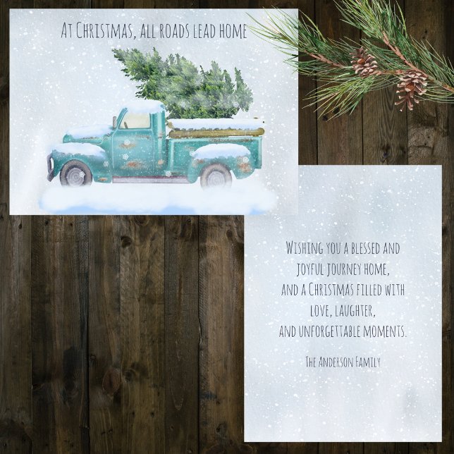 Vintage Blue Truck Carrying Christmas Tree Holiday Card (Creator Uploaded)
