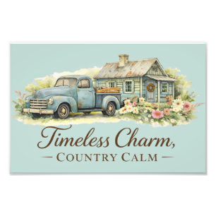 Vintage Blue Truck Cottage Wildflower Calm  Photo Print