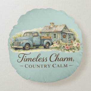 Vintage Blue Truck Cottage Wildflower Calm Round Cushion