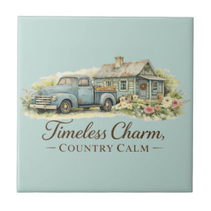 Vintage Blue Truck Cottage Wildflower Calm Tile