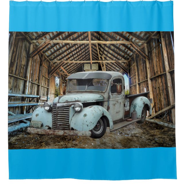 Vintage Blue Truck Rustic Barn Shower Curtain (Front)