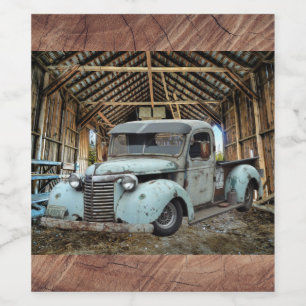 Vintage Blue Truck Rustic Barn Wine Label