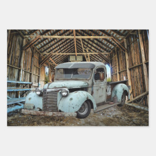 Vintage Blue Truck Rustic Barn Wrapping Paper Sheet