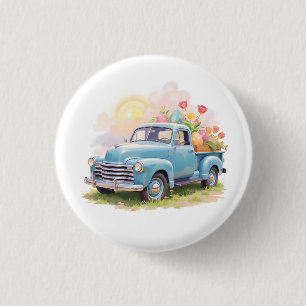 Vintage Blue Truck with Easter Eggs & Tulips 3 Cm Round Badge