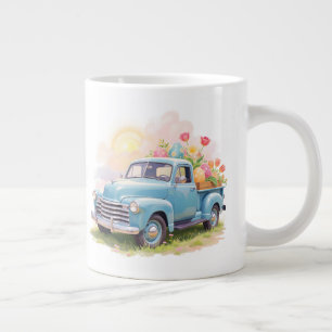 Vintage Blue Truck with Easter Eggs & Tulips Large Coffee Mug